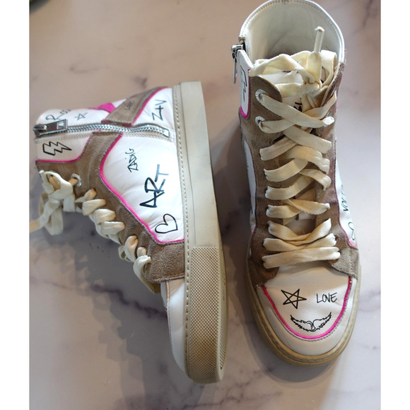 Zadig & Voltaire Sneakers Womens Size 38 White Pink Graffiti High Top Side Zip - Picture 7 of 8